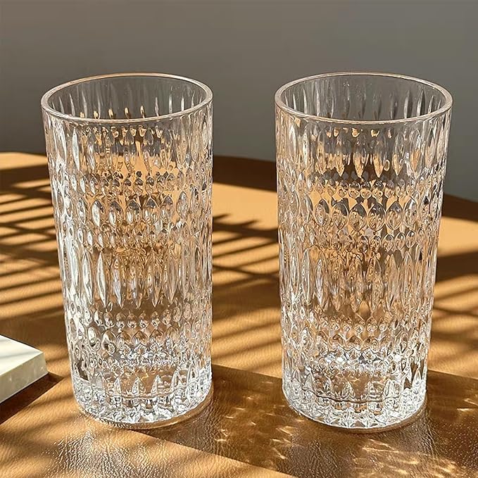Highball Glasses [Set of 4] - 15oz Vintage Glass Cups Fits Dinner Party - Unique Texture, Dishwasher Safe