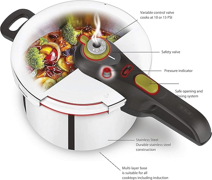 T-fal Ultimate Stainless Steel Pressure Cooker 6.3 Quart, Induction Compatible, Secure Locking Lid, Safe & Easy to Use, Cookware, Pots and Pans, Kitchen, Dishwasher Safe, Silver