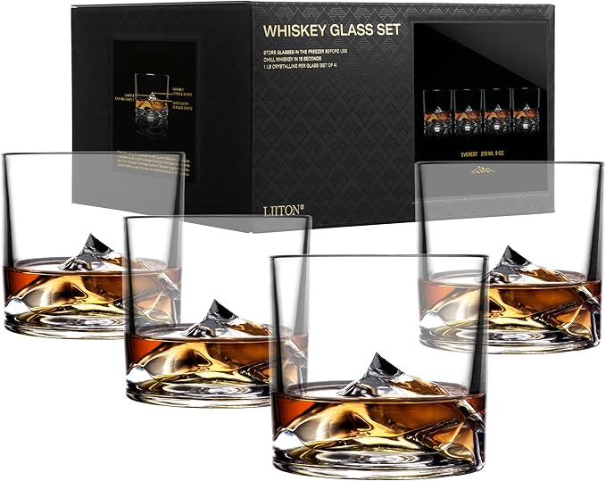 LIITON Mount Everest Heavy Crystal Whiskey Glasses Gift Set of 4, Thick Freezable Bourbon Glass 1lb Each, Premium Whiskey Gifts for Men, Frozen Crystal Chills Cocktails, 10 oz