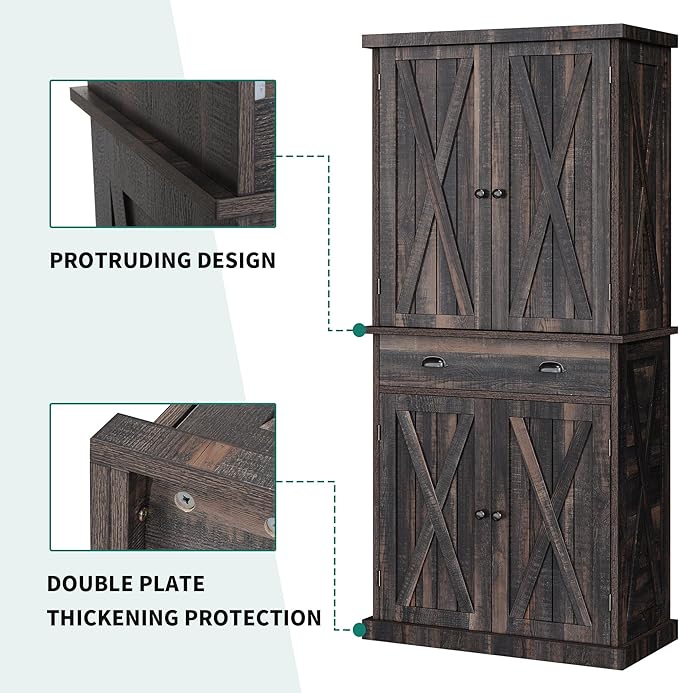YITAHOME 72'' Tall Kitchen Pantry Cabinets, Farmhouse Storage Cabinets with Barn Doors, Drawer ＆ Adjustable Shelves, Rustic Wood Cupboard for Dining Room, Living Room, Gray Rustic