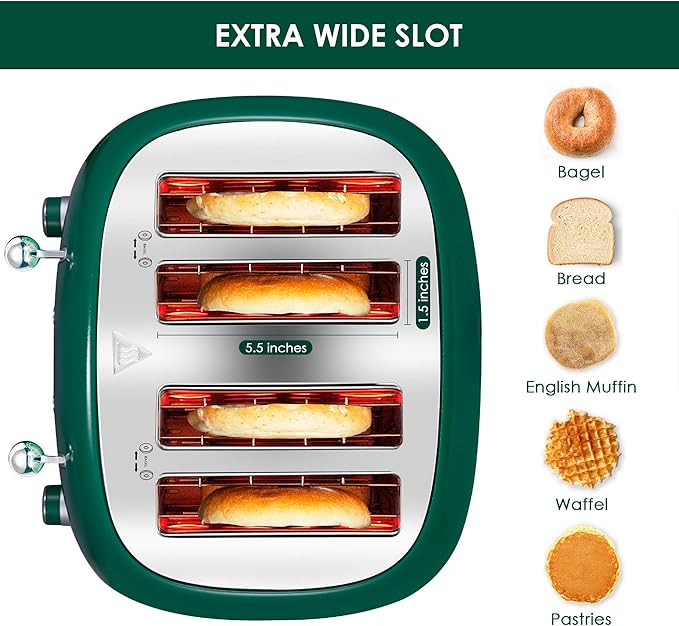 Roter Mond 4 Slice Toaster Retro Stainless Steel with Bagel Defrost Cancel Function, 6 Browning Settings, Extre Wide Slot and Removable Crumb Tray, Green, ST033