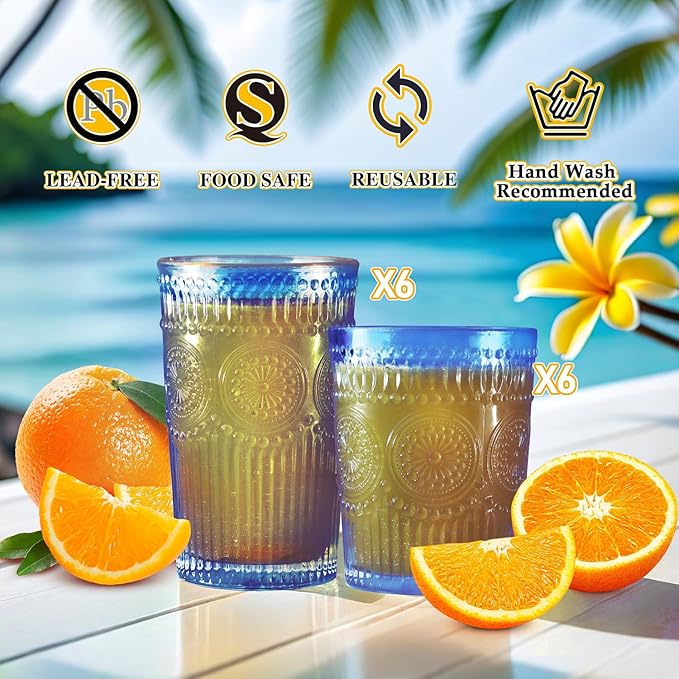 12pcs Vintage Drinking Glasses Set, 12 oz Highball Glasses & 9 oz Embossed Ribbed Glassware Cups for Cocktail, Water, Juice, Coffee, Whiskey (Blue)