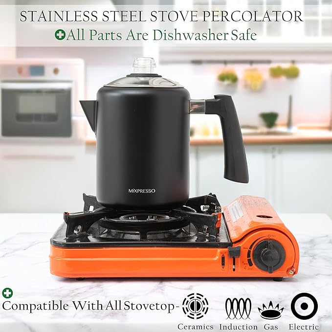Mixpresso Black Stainless Steel Coffee Percolator Stovetop, 37oz Classic Percolator Coffee Pot, Great For Camping Pot, 5-8 Cup Stove Top Espresso Maker, Cool-Touch Handle