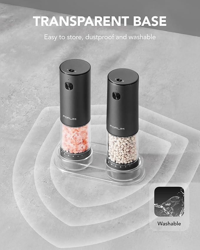 FORLIM 2-Speed Electric Salt And Pepper Grinder Set, External Rotation To Adjust Coarseness, Rechargeable Aluminum Alloy Pepper Mill With Base, One-Button Automatic Grinding, Washable Container