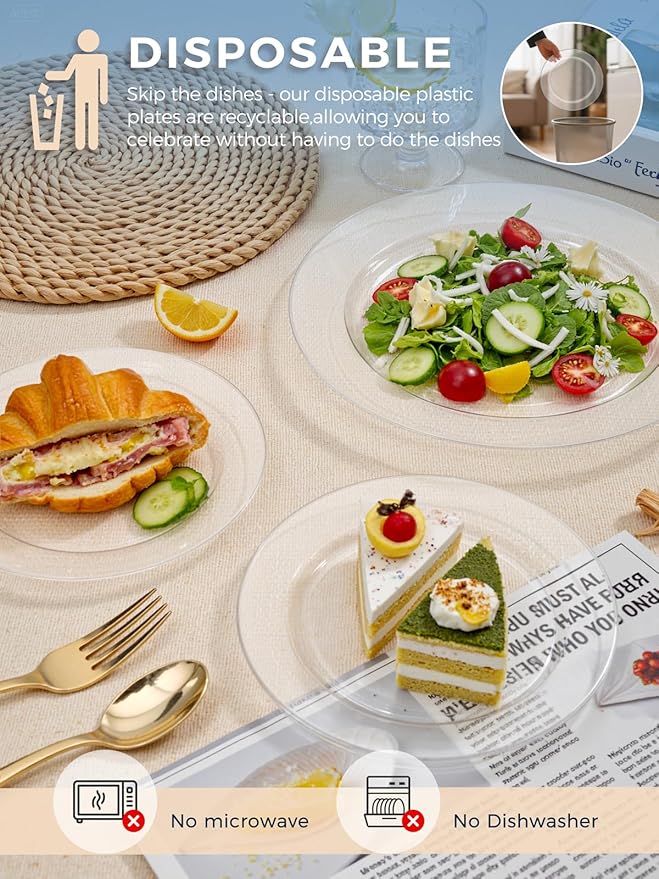 WDF 200PCS Clear Plastic Plates for Party - Heavy Duty Clear Disposable Plates - 100 x 10"Dinner Plate and 100 x 7" Dessert/Cake Plastic Plate for Weddings/Traval/Party/BBQ/Events