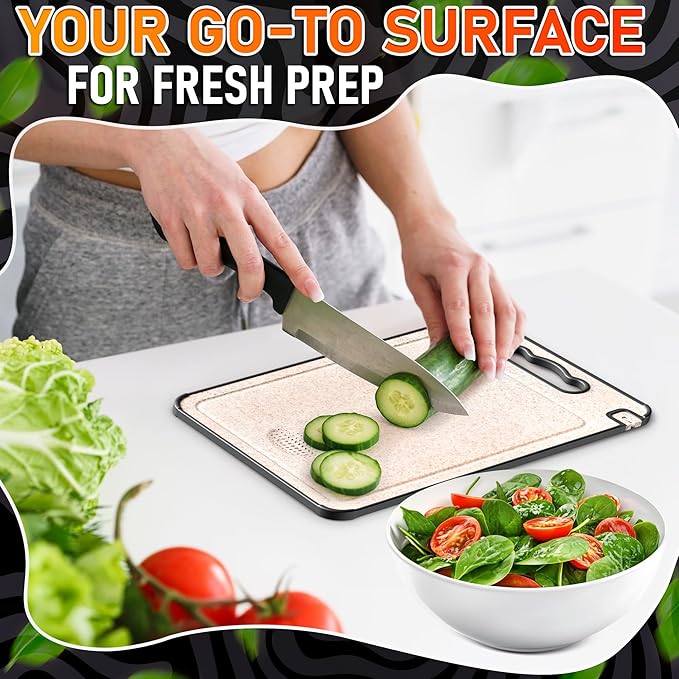 Titanium Cutting Board for Kitchen 14.3"x9.8" - Double Sided Metal Cutting Board Titanium GR1 for Meat & Wheat Straw PP for Fruits - Non-Slip, Built-in Knife Sharpener, Garlic Grater & Juice Grooves