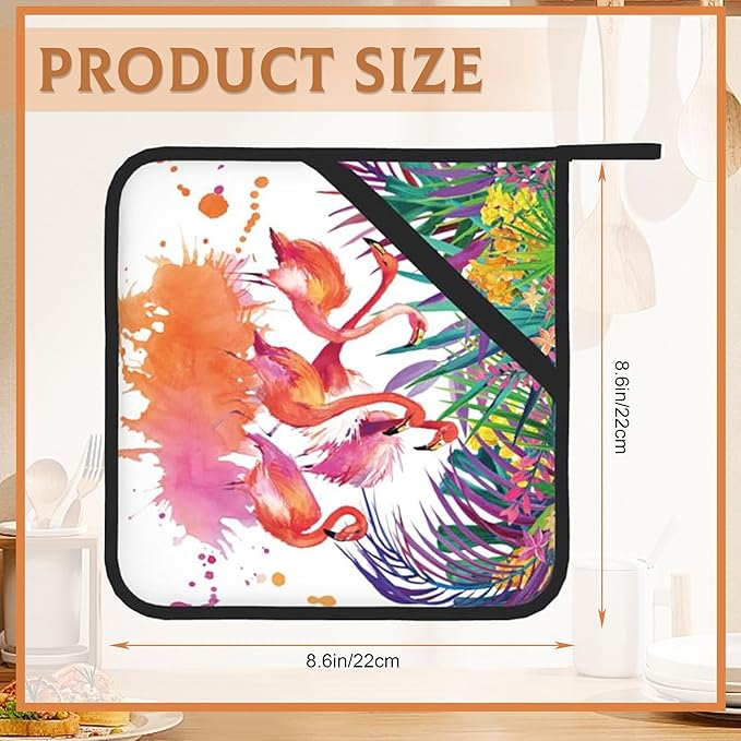 Tropical Palm Pot Holder Set of 2,Flamingo Watercolor Kitchen Heat Resistant Potholder for Women Men BBQ Cooking Baking