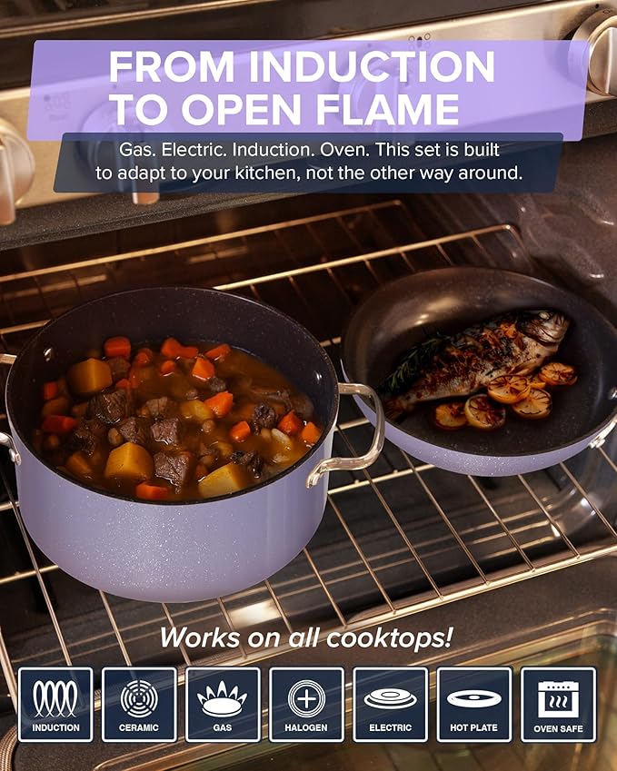 Nuwave Healthy G11-Pots and Pans Set Non Stick, 9H Near-Diamond Hardness Scratch-Resistant, Works on All Stovetops, PFAS Free, with Frying Pans, Saucepans & Glass Lids, Stay-Cool Handles, Lilac