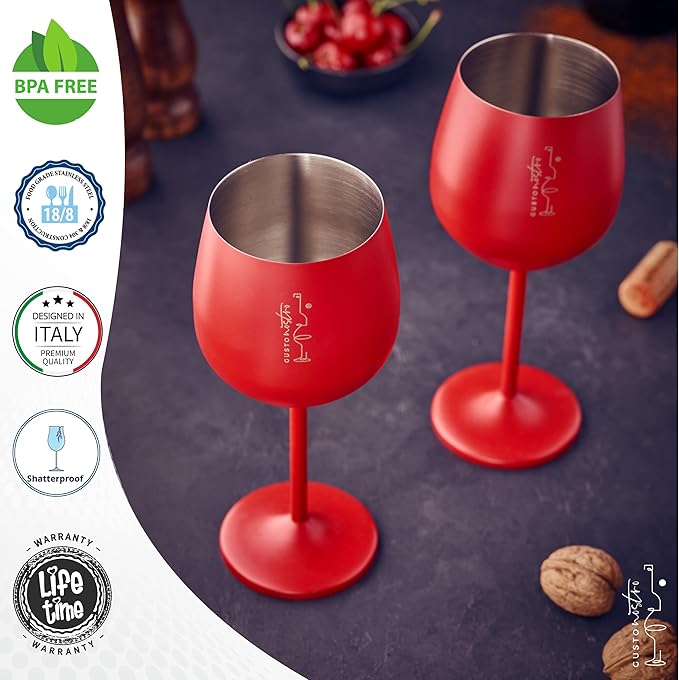 Gusto Nostro Stainless Steel Wine Glass - 18 oz - Unbreakable Colorful Wine Glasses for Travel, Camping and Pool - Fancy, Unique and Cool Portable Metal Wine Glass for Outdoor, Picnics (Set of 2)