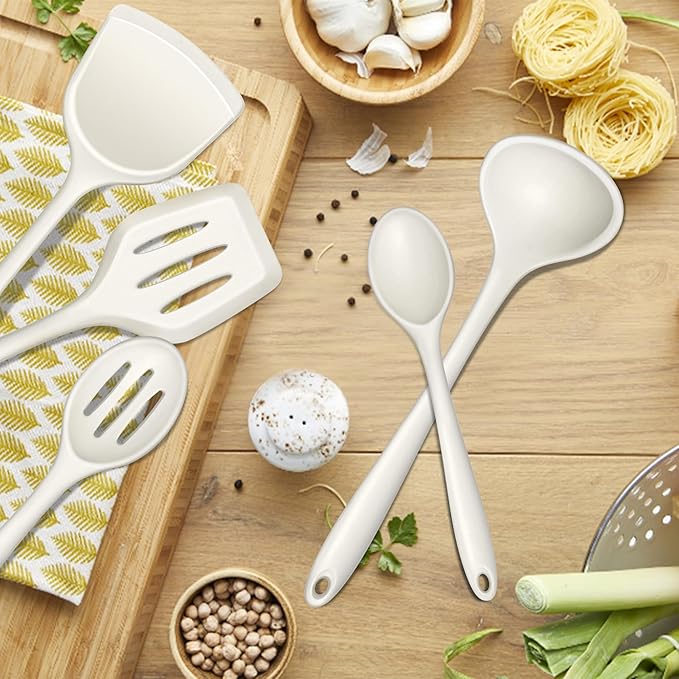 E-far 10 Pieces Silicone Cooking Utensils Set, Heat Resistant Kitchen Utensil Set for Nonstick Cookware, Kitchen Cooking Tools with Spatula, Spoon, Slotted Turner, Non-Toxic & Dishwasher Safe (White)