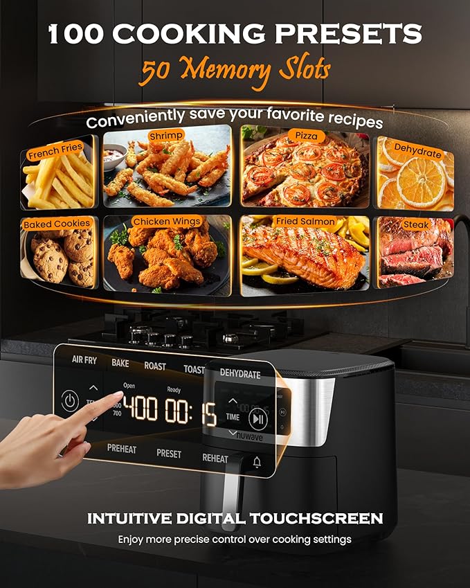 Nuwave Brio Plus 6-in-1 Air Fryer, 7-Qt Large Capacity, 50°F–400°F Precise Temp Control, Non-Toxic PFAS-Free Nonstick, Air Fry, Bake, Roast, Toast, Dehydrate, Reheat, 100 Presets, Dishwasher Safe