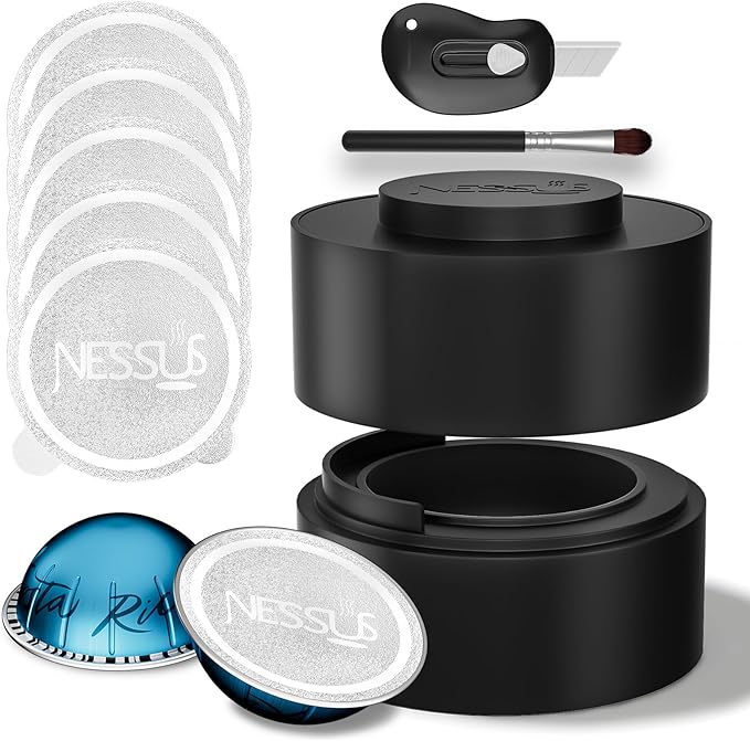 Reusable Pods Kit for Nespresso Vertuo, Refillable Vertuo Coffee Pods Espresso Accessories with 100 pcs Foil Seals Lids, Holder and Brush for Nespresso Vertuo Plus Next Capsule Machine