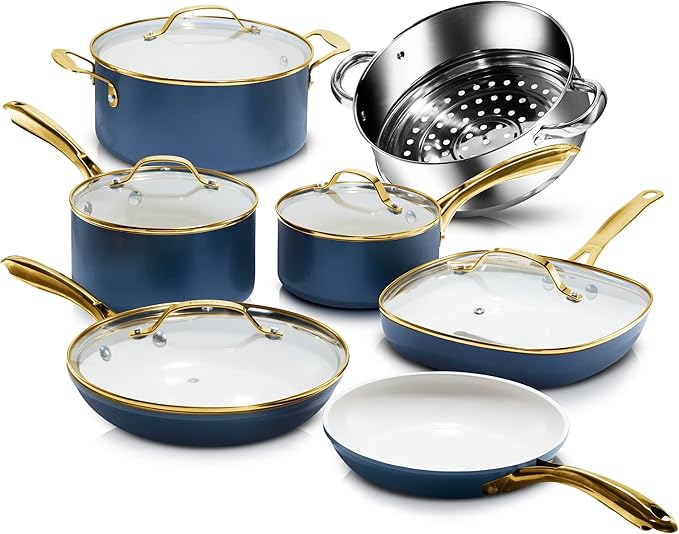 Gotham Steel 12 Pc Ceramic Cookware Set Nonstick, Ceramic Pots and Pans Set Non Stick with Steamer for Cooking, Non Toxic PFOA PFOS Free, Premium Stay Cool Handles, Oven & Dishwasher Safe
