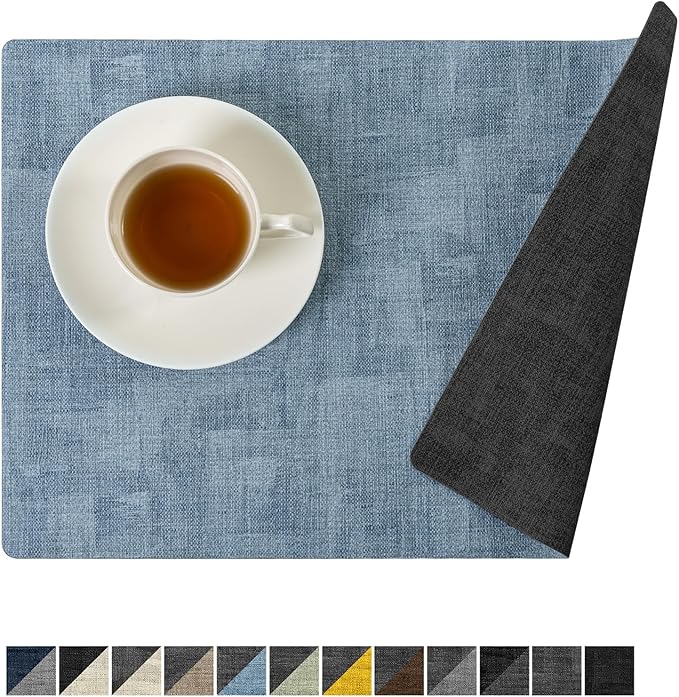 Romanstile Reversible Vinyl Placemats Set of 8, Faux Leather 100% Waterproof Oil-Proof Wipeable Place Mats, Heat Resistant Dual Sided Table Mats for Kitchen/Dining/Party (Grey Sky Blue, 12 x 17 Inch)