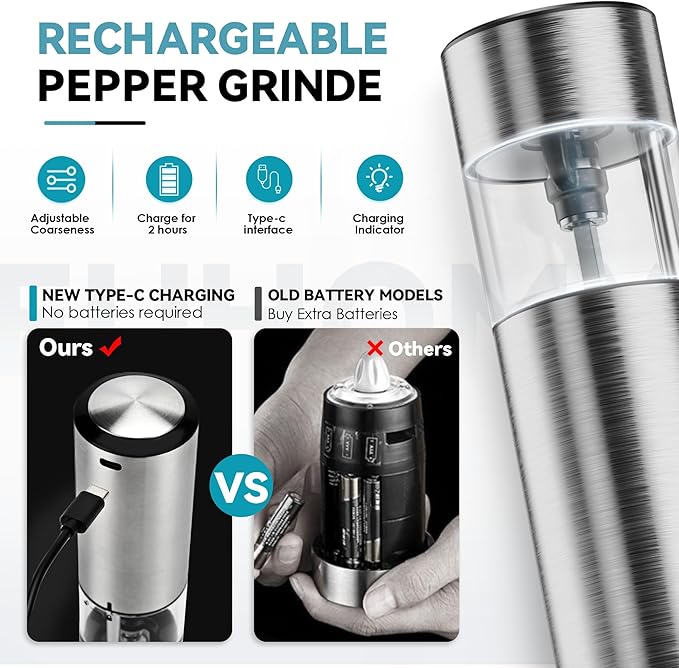 EUHOMY 1 Pack Salt and Pepper Grinder, Type-c No Battery Needed with LED Light, Adjustable Coarseness, Stainless Steel Automatic Salt Pepper Mill Grinder, One Handed Operation, Kitchen