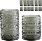 Vintage Glassware Drinking Glasses Set of 12,Grey 12oz & 15oz Hobnail Glass Cups,Embossed Water Tumbler,for Beer,Cocktail,Whiskey,Juice and Various Mixed Drinks- 1 Cleaning Brush