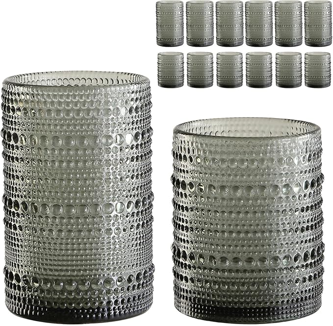 Vintage Glassware Drinking Glasses Set of 12,Grey 12oz & 15oz Hobnail Glass Cups,Embossed Water Tumbler,for Beer,Cocktail,Whiskey,Juice and Various Mixed Drinks- 1 Cleaning Brush