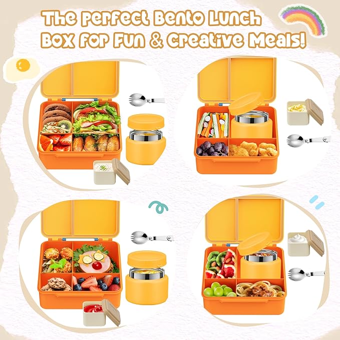 Bento Lunch Box for Kids with 9oz Soup Thermo, Leakproof Lunch Food Containers with 4 Compartment, Kids Thermo Hot Food Jar for School Travel