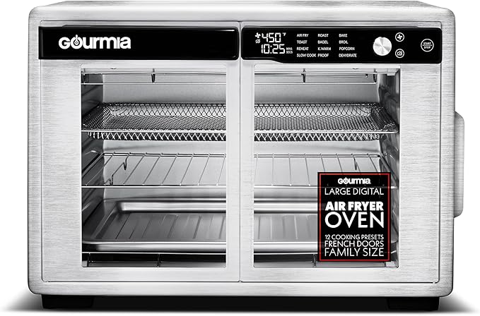 Gourmia French Door Digital Air Fryer Oven - 25-Quart XL Capacity, 12 Presets, Touchscreen, FryForce 360° Tech, Dehydrate, Proof, Slow Cook, Fits 13” Pizza, 1700W, Stainless Steel