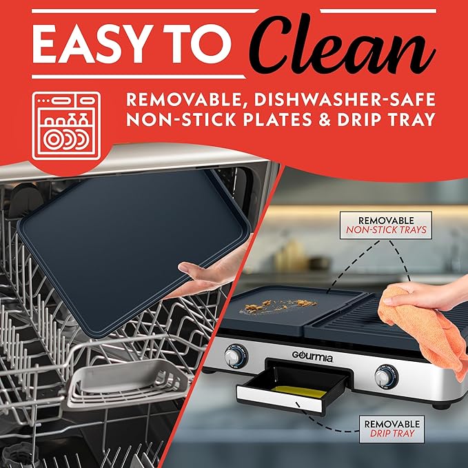Gourmia 3-in-1 Indoor Grill/Griddle Electric Combo - 250-400°F Adjustable Dual Cooking Zones with Removable Nonstick Reversible Ceramic Plates - Non Toxic Dishwasher Safe Countertop Kitchen Appliances