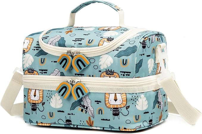 Insulated Kids Double Decker Lunch Bags Tote for Girls Boys Toddler Kindergarten School Picnic Camp Food Cooler Lunch Boxes Thermal with Strap (Lion)