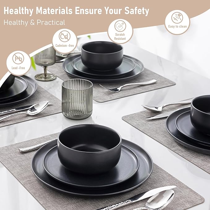 LERATIO Stoneware Dinnerware Sets for 4,Handcarft Ceramic Plates and Bowls Sets,Chip and Scratch Resistant Dishes, Dishwasher & Microwave Safe, Oven safe,Reactive Glaz-Black