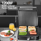 OSTBA Panini Press Grill with Adjustable Temperature, 4-Slice Indoor Grill, 180° Open Sandwich Maker with Drip Tray, Non-Stick Plates, Stainless Steel, 1200W