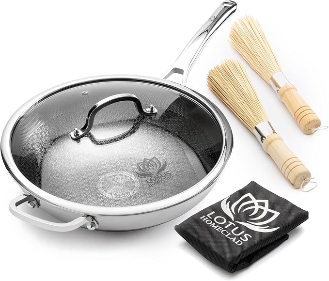 Hybrid Wok Pan, Nonstick, PFOA Free 12 Inch Induction Wok With Lid, Dishwasher Safe Cooking Pan For All Cooktops, Stainless Steel Cookware, Woks & Stir-Fry Pans, Bonus Bamboo Dish Brush