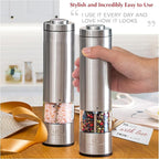 Electric Salt and Pepper Grinder Set - Battery Operated Stainless Steel Mill with Light (2 Mills) - Automatic One Handed Operation - Electronic Adjustable Shakers - Ceramic Grinders