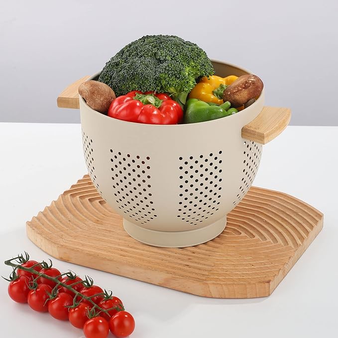 Metal Colander with Wood Handle, 5.5 Quart Powder Coated Steel Large Kitchen Strainer Stable Base,(Sand Yellow, 11.26inch)