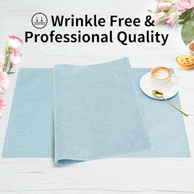 Cloth Placemats, Set of 6 Heat-Resistant Cotton Linen Blend Double Layered Machine Washable Place Mats, Wrinkle Free Thick Fabric Dining Table Mats for Indoors & Outdoors (Sky Blue, 6)