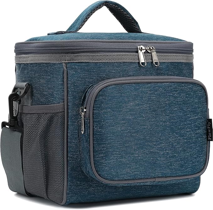 FlowFly Insulated Reusable Lunch Bag Adult Large Lunch Box for Women and Men with Adjustable Shoulder Strap,Front Zipper Pocket and Dual Large Mesh Side Pockets,Royal