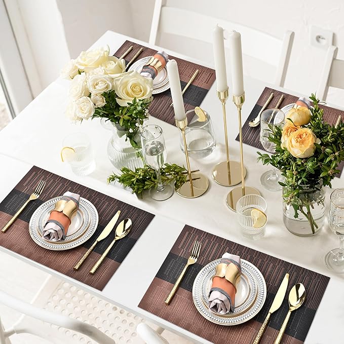 Placemats Set of 8 - Easy Clean Modern Durable Washable Vinyl Place Mats - Heat Resistant Placemats for Kitchen Table - PVC Table Mats for Dining Table (Brown Black, 8)