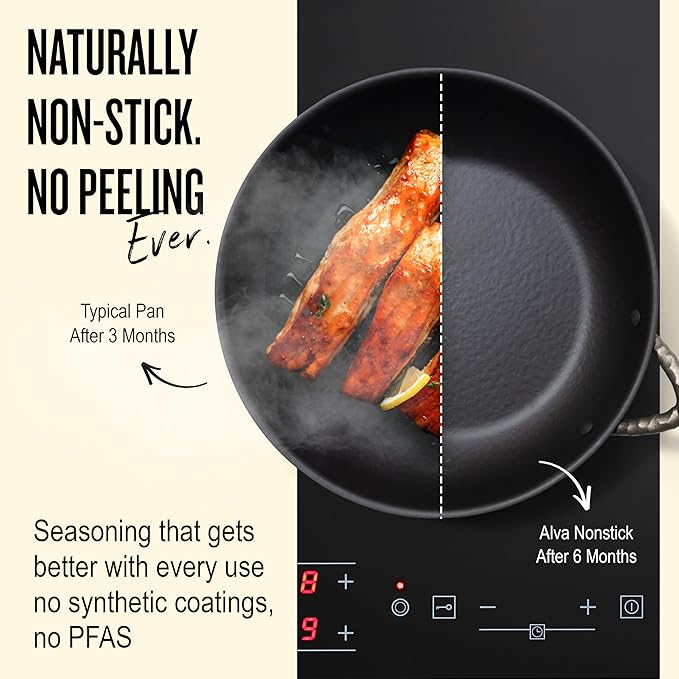 Alva Artist 9.5” Carbon Steel Frying Pan – Naturally Nonstick & No PTFE, PFOA, PFAS – Chef-Grade Heat Control for Even Cooking – Oven & Induction Safe – Easy to Clean & Built to Last a Lifetime