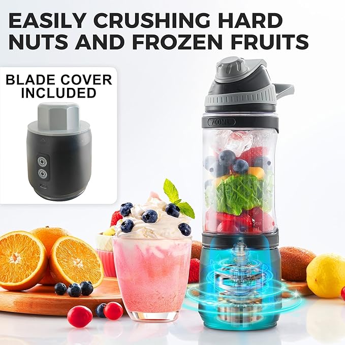 Portable Blender, Anti-Jamming 300 Watt for Shakes and Smoothies, 24oz Travel Blender USB Rechargeable, BPA Free Sporty bottle with a Travel Lid. (Black Base Grey Lid) (Black Base Green Lid)