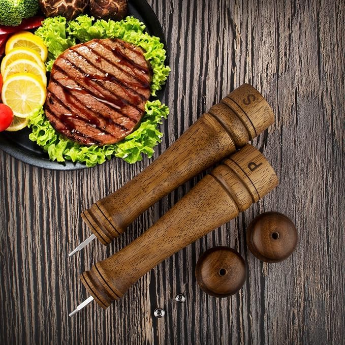 Pack of 2 Wood Pepper Grinder Set, 10 Inch Salt Mill And Pepper Grinder Set, Pepper Mill, Salt Shakers with Adjustable Ceramic Rotor - Oak Wood Pepper Grinder And Salt Mill for Your Kitchen