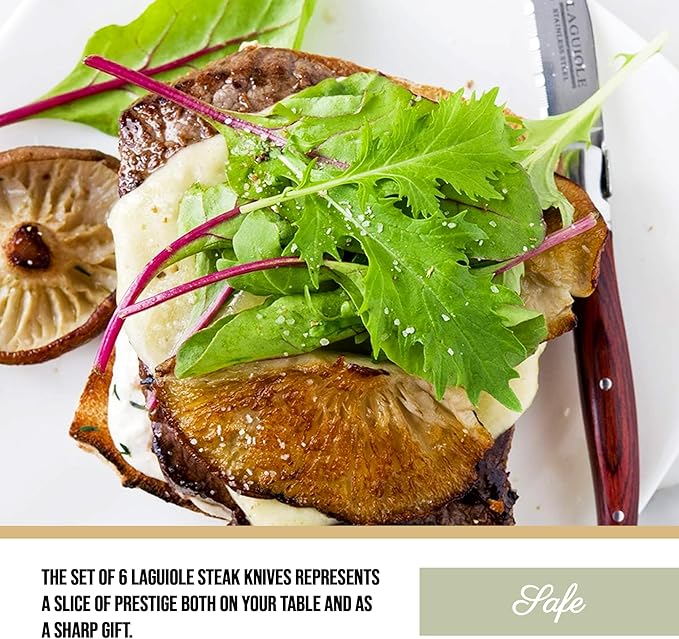 Trudeau Laguiole Steak Knives Set of 6 – Premium Stainless Steel Serrated Blades with Pakkawood Handles – Dishwasher Safe Steak Knife Set for Dinner, BBQ, or Gifting – Rustic Elegant Design