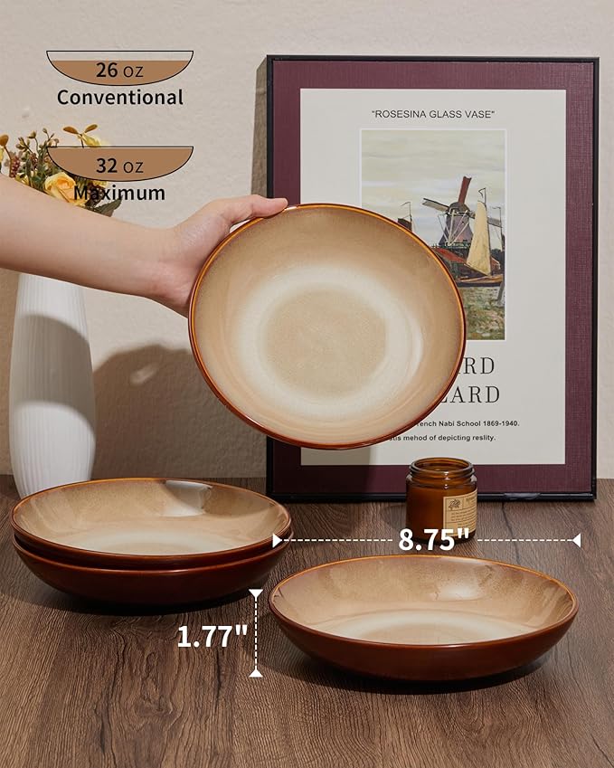 Ceramic 32 Oz Pasta Bowls, 8.75 Inch Reactive Glaze Pasta Bowl Set of 4, Microwave & Dishwasher Safe, Large Wide Serving Bowls for Salad, Dessert, Soup, Fruit, Brown and Yellow