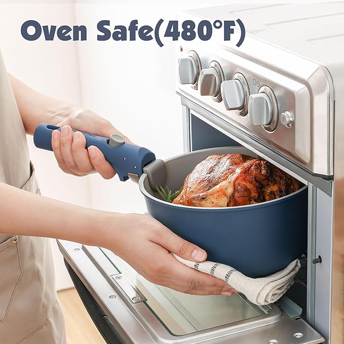 SENSARTE 24 Piece Ceramic Pots and Pans Set, Nonstick Detachable Handle Cookware, Induction Kitchen Cookware Set with Removable Handle, Healthy Non Stick for RV, Dishwasher＆Oven Safe, PFOA Free (Navy)