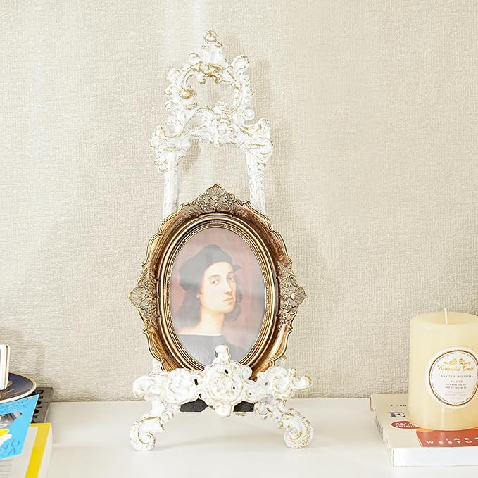 Sungmor Vintage Cast Iron Cookbook Stand, Small Ornate Easel Fleur De Lis Stand, 15.5" Tall Antique White Table Top Display Holder for Recipe Book, Picture Frame, Plate, Home Kitchen Decor