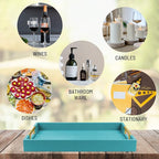 17" x 12" Wood Serving Tray with Gold Polished Metal Handles, Home Decorative Wooden Rectangle Ottoman Leather Decor Platter Bathroom Vanity Tray for All Occasions Blue