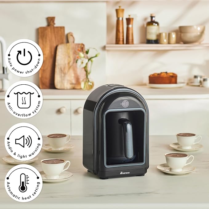 KARACA Hatır Turkish Coffee Maker, 5 Cups Electric Turkish Coffee Machine with Ember Mode, Automatic Temperature Control, Overflow Protection, Audible & Visual Alerts, Shiny Black