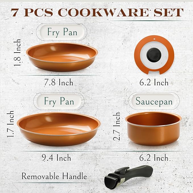 Moss & Stone Copper Pots And Pans Set Nonstick, Removable Handle Cookware, Stackable Pots And Pans Set, Dishwasher safe, Induction Pots And Pans, Camping Cookware Set, Aluminum (7 Pcs)