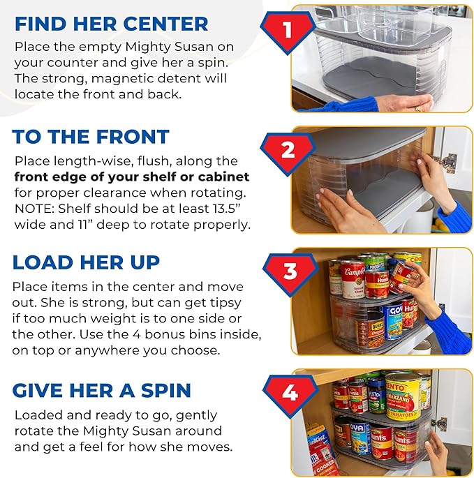 Mighty Susan Kitchen Organizer for Canned Goods: 2-Tiered Robust Turntable Organizer for Cabinet/Pantry. Steel Reinforced Holds Up To 30 lbs. Rotates 360° for Maximum Visibility. Includes 2 Bonus Bins