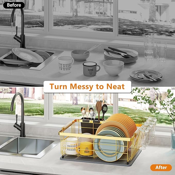 Dish Drying Rack Gold with Diatomaceous Earth 1 Tier,Multifunctional Dish Racks for Kitchen Counter Quick-Drying,Large Capacity Space Saving with Cutlery Cups Holder