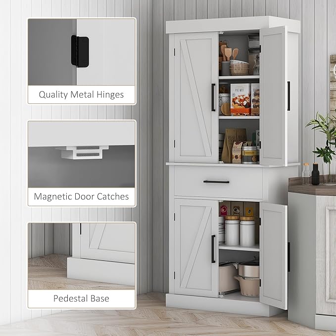 HOMCOM 72" Tall Kitchen Pantry Cabinet with Adjustable Shelves, Farmhouse Storage Cabinet with Barn Doors, Drawer and 5-Tier Shelf, Freestanding Cupboard, White