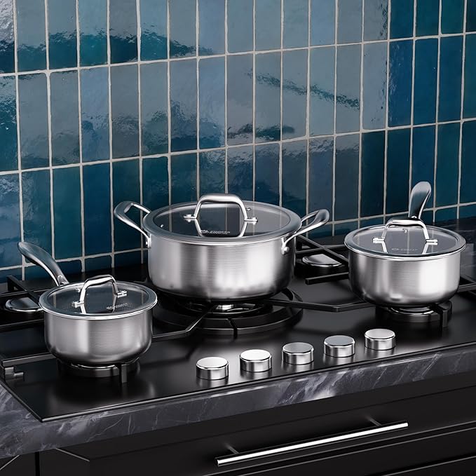 COOKER KING Hybrid Nonstick 6 Pcs Pot Set, 1.5 & 2QT Saucepan and 5-Quart Pots with Glass Lids, Induction Stainless Steel Cookware, Stay-Cool Handles, Dishwasher Safe, Compatible with All Cooktops