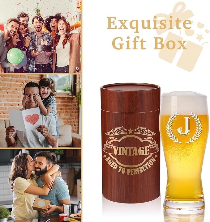 Personalized Etched 21oz Pint Beer Glass, (Letter J) A-Z Personalized Gifts for Him, Customized Pint Glasses, Custom Initial, Birthday Gift for Men Brother Husband