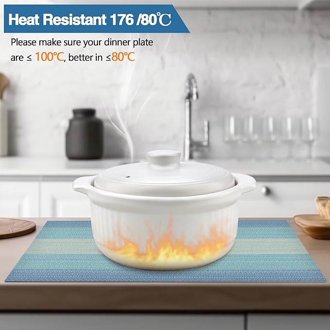 Placemats Set of 8 - Easy Clean Washable Vinyl Placemats - Wipeable Heat Resistant Table Mats for Dining Table - 17.7x11.8 Inch (8, Blue Gradient)