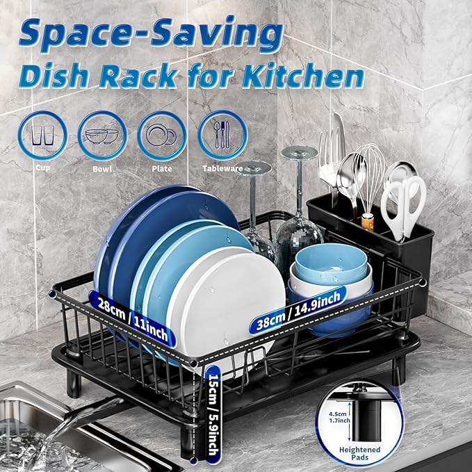Dish Drying Rack, Space-Saving Dish Rack, Dish Racks for Kitchen Counter, Kitchen Dish Drainers with Removable Utensil Holder, Plate Rack and Drainboard, 11''W x 15''L, Black